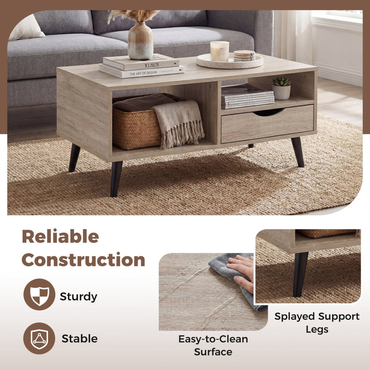 Coffee Table with Storage Rustic Rectangle Center Table-Natural-Coffee Tables-DECOROLALA
