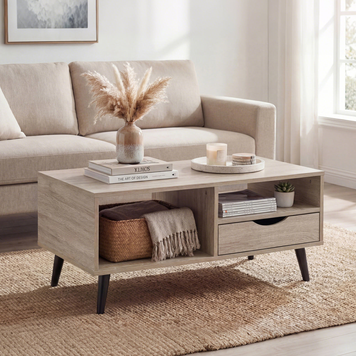 Coffee Table with Storage Rustic Rectangle Center Table-Natural-Coffee Tables-DECOROLALA