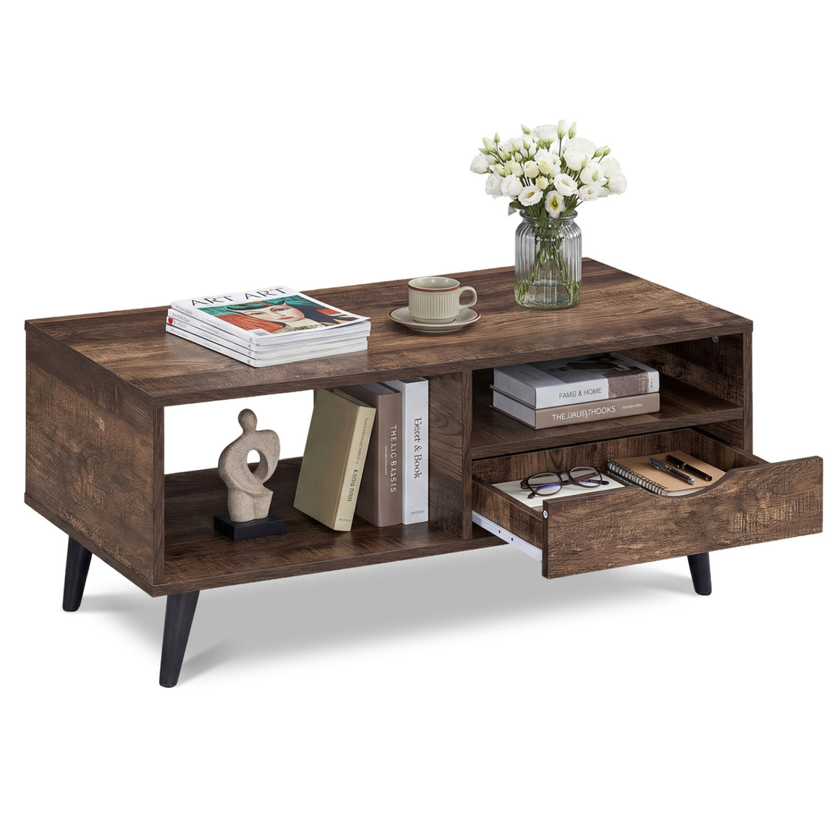 Coffee Table with Storage Rustic Rectangle Center Table-Walnut-Coffee Tables-DECOROLALA