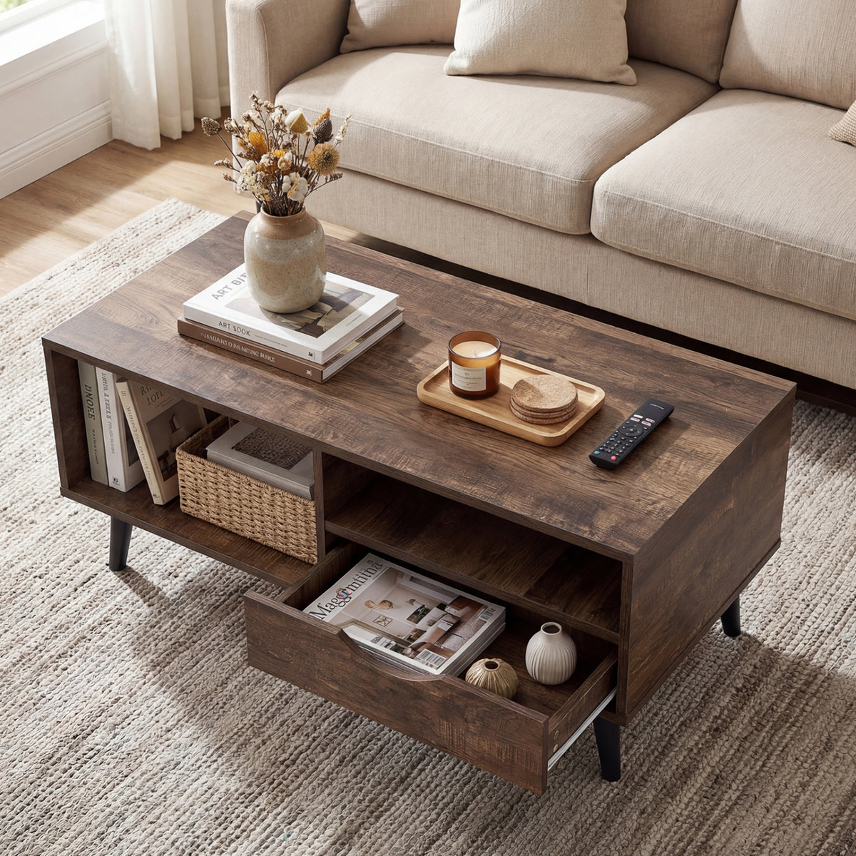 Coffee Table with Storage Rustic Rectangle Center Table-Walnut-Coffee Tables-DECOROLALA