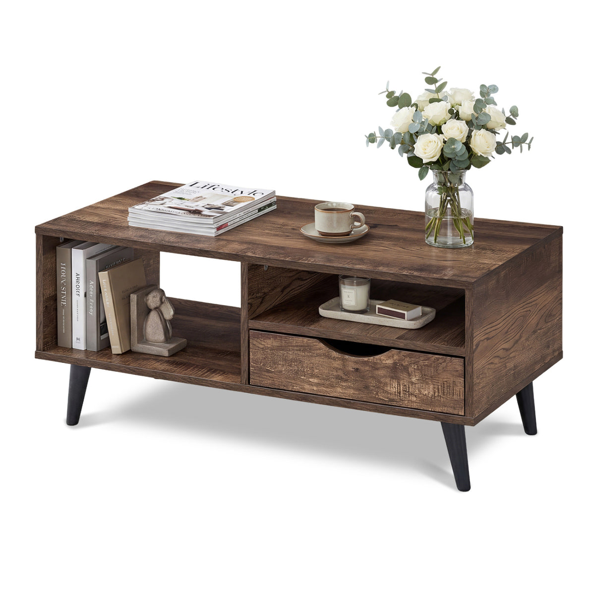 Coffee Table with Storage Rustic Rectangle Center Table-Walnut-Coffee Tables-DECOROLALA