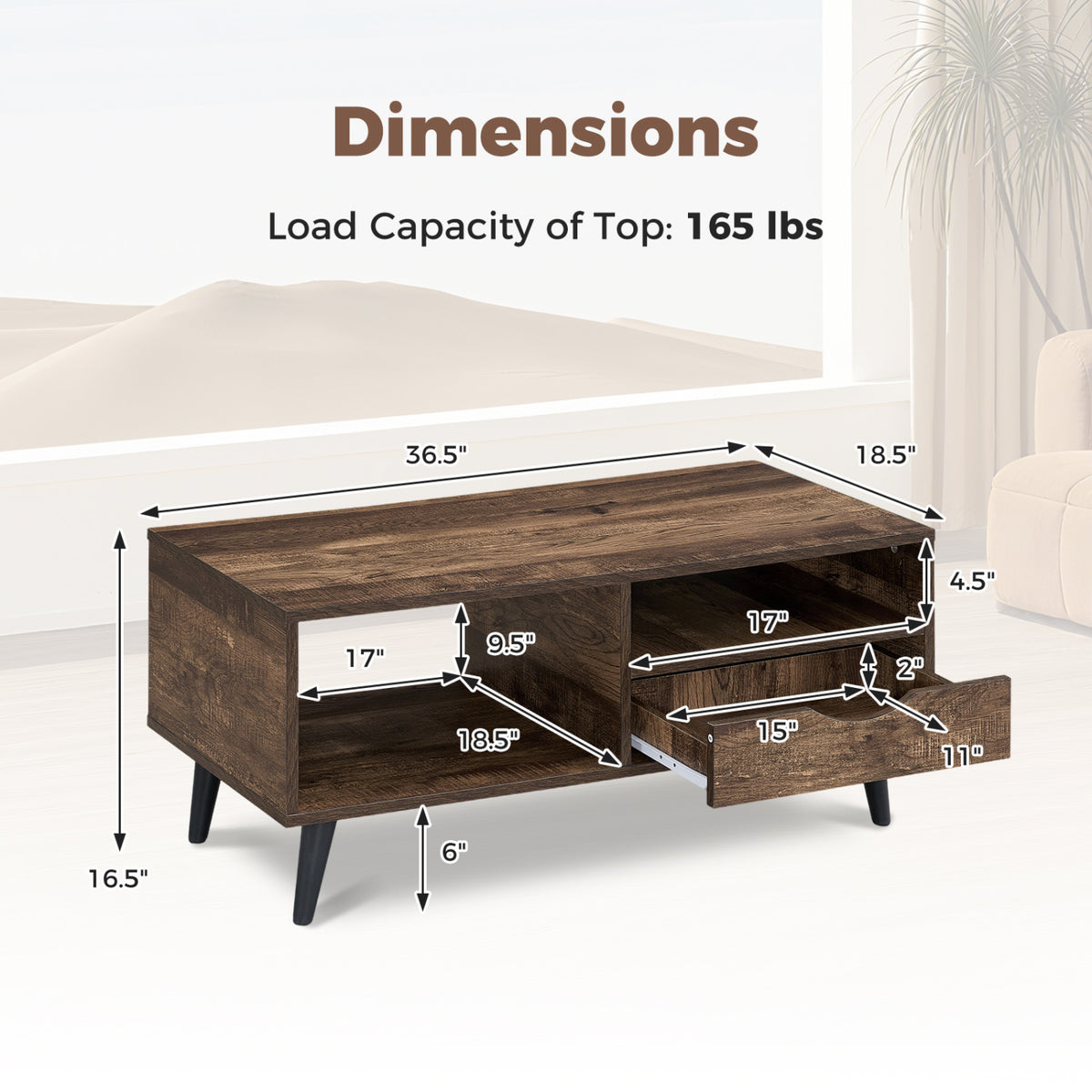 Coffee Table with Storage Rustic Rectangle Center Table-Walnut-Coffee Tables-DECOROLALA