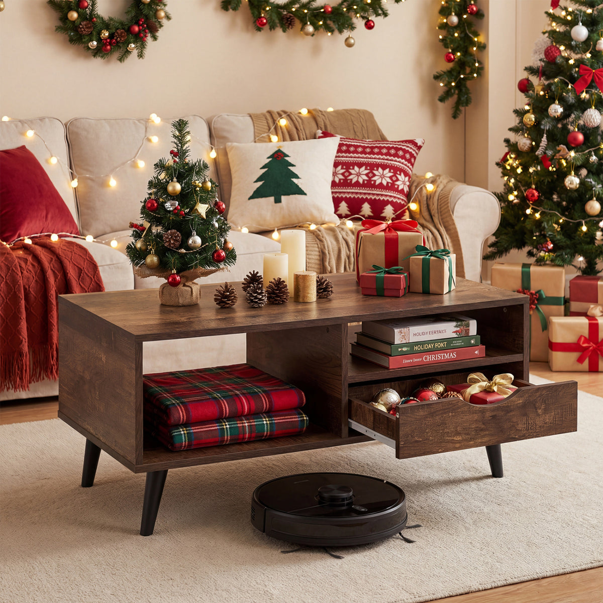 Coffee Table with Storage Rustic Rectangle Center Table-Walnut-Coffee Tables-DECOROLALA