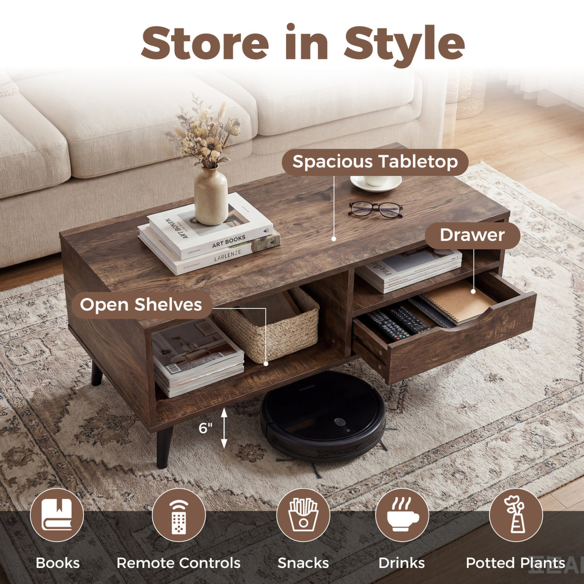Coffee Table with Storage Rustic Rectangle Center Table-Walnut-Coffee Tables-DECOROLALA