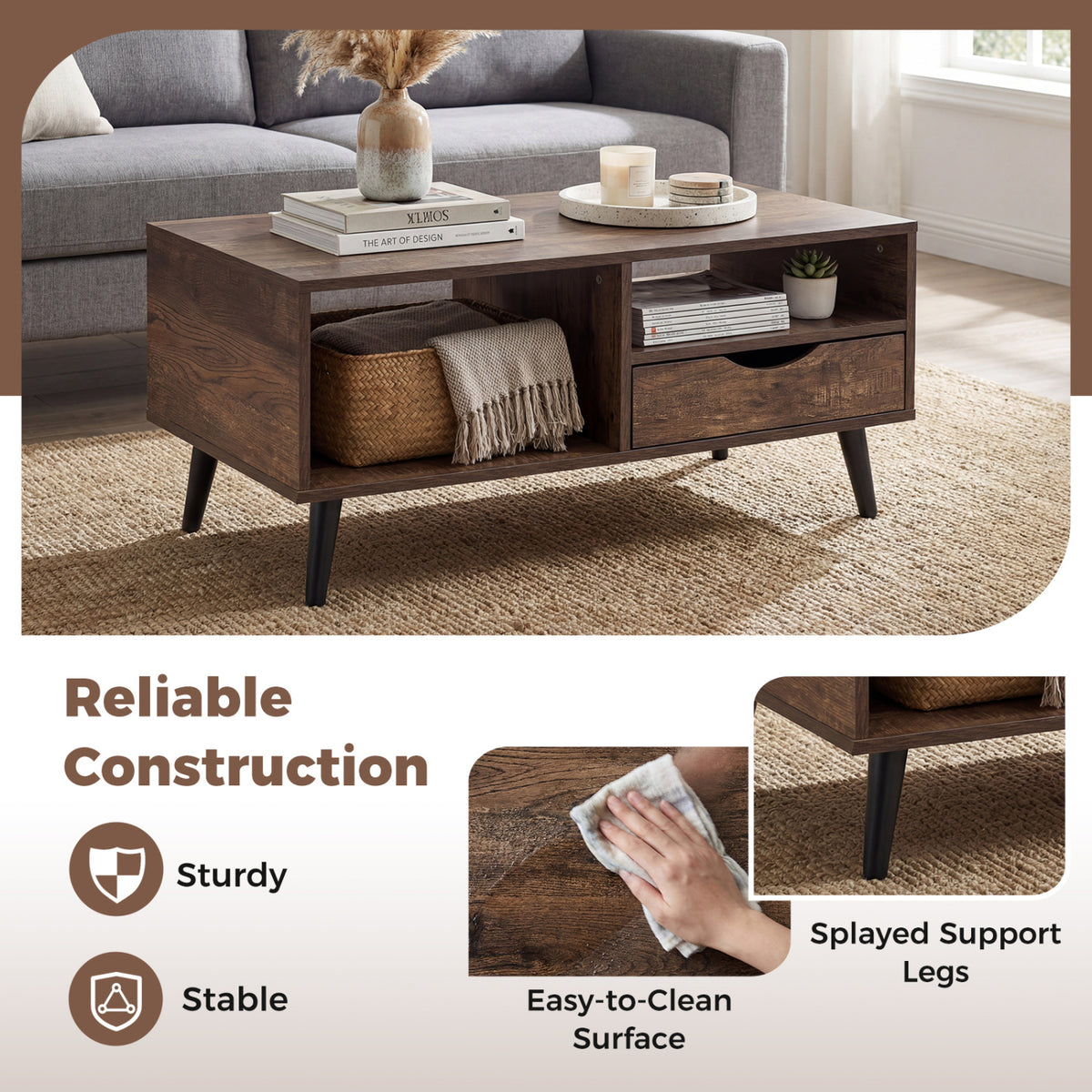 Coffee Table with Storage Rustic Rectangle Center Table-Walnut-Coffee Tables-DECOROLALA