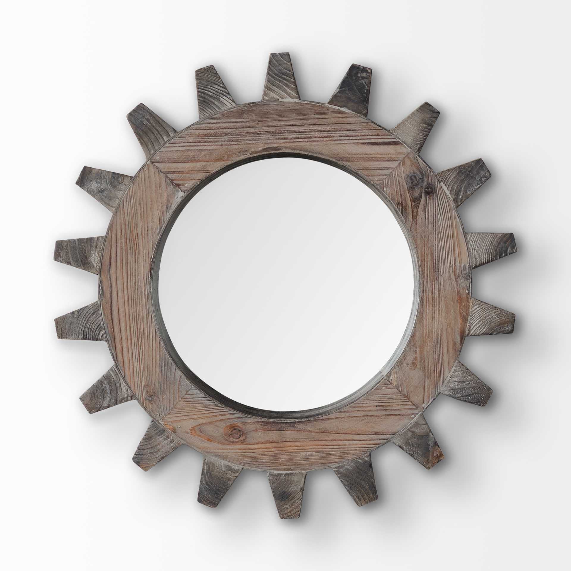 Cog 17" Round Natural Wood Frame Wall Mirror-Mirrors-DECOROLALA