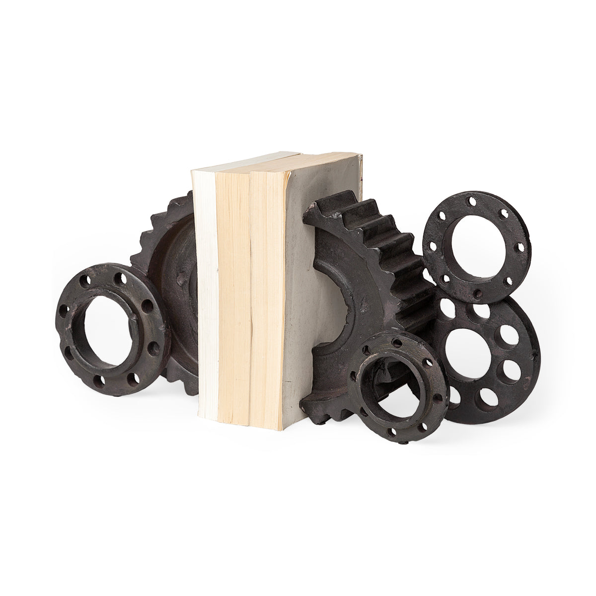 Cogsworth Set of 2 14L x 4W Brown Resin Industrial Gear Bookends-Bookends-DECOROLALA