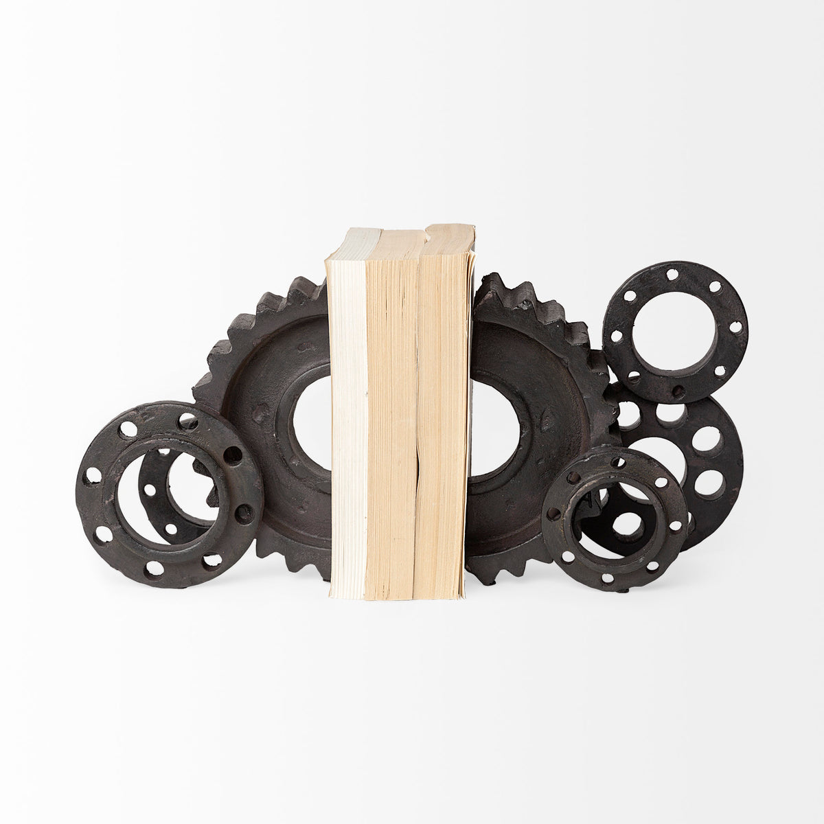 Cogsworth Set of 2 14L x 4W Brown Resin Industrial Gear Bookends-Bookends-DECOROLALA