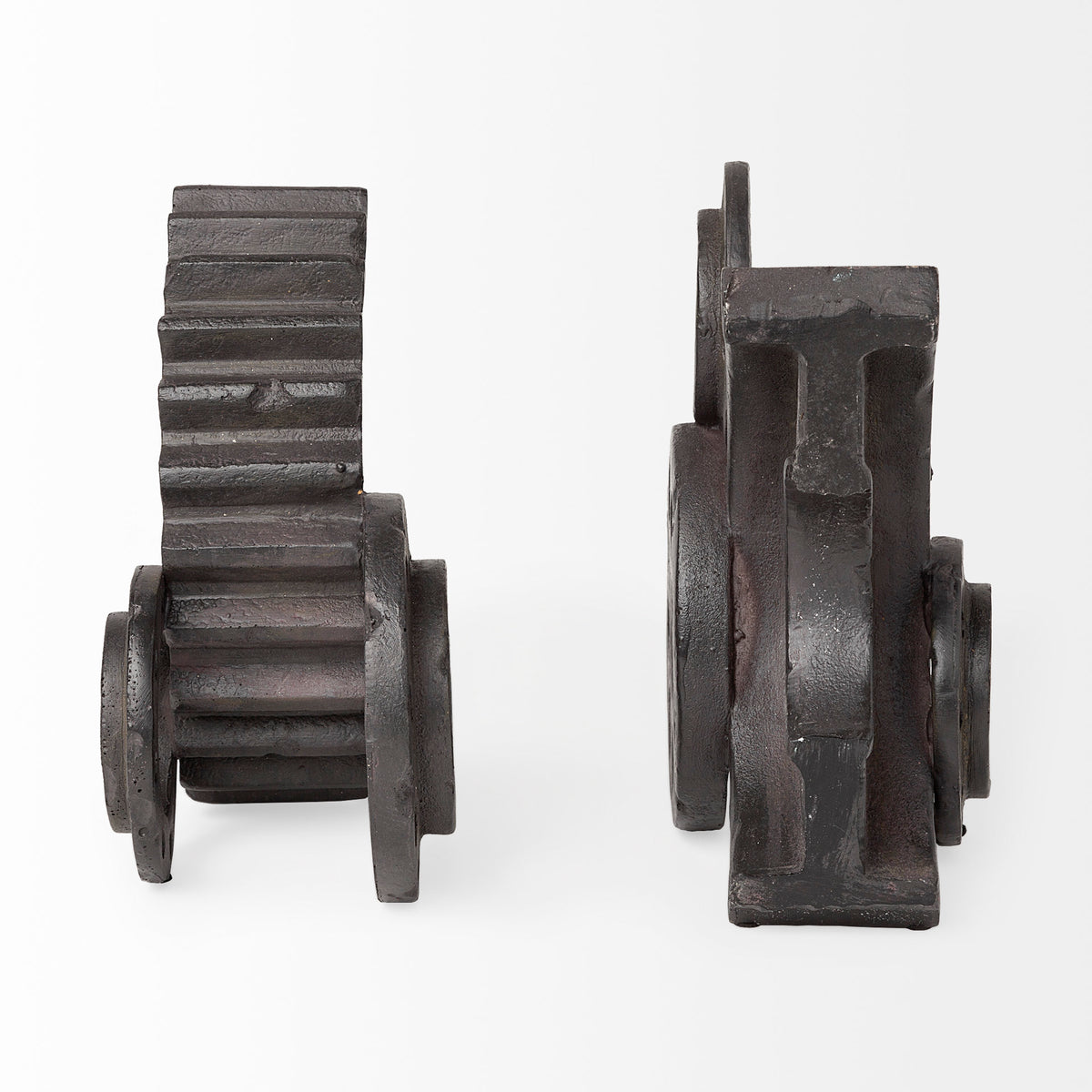 Cogsworth Set of 2 14L x 4W Brown Resin Industrial Gear Bookends-Bookends-DECOROLALA