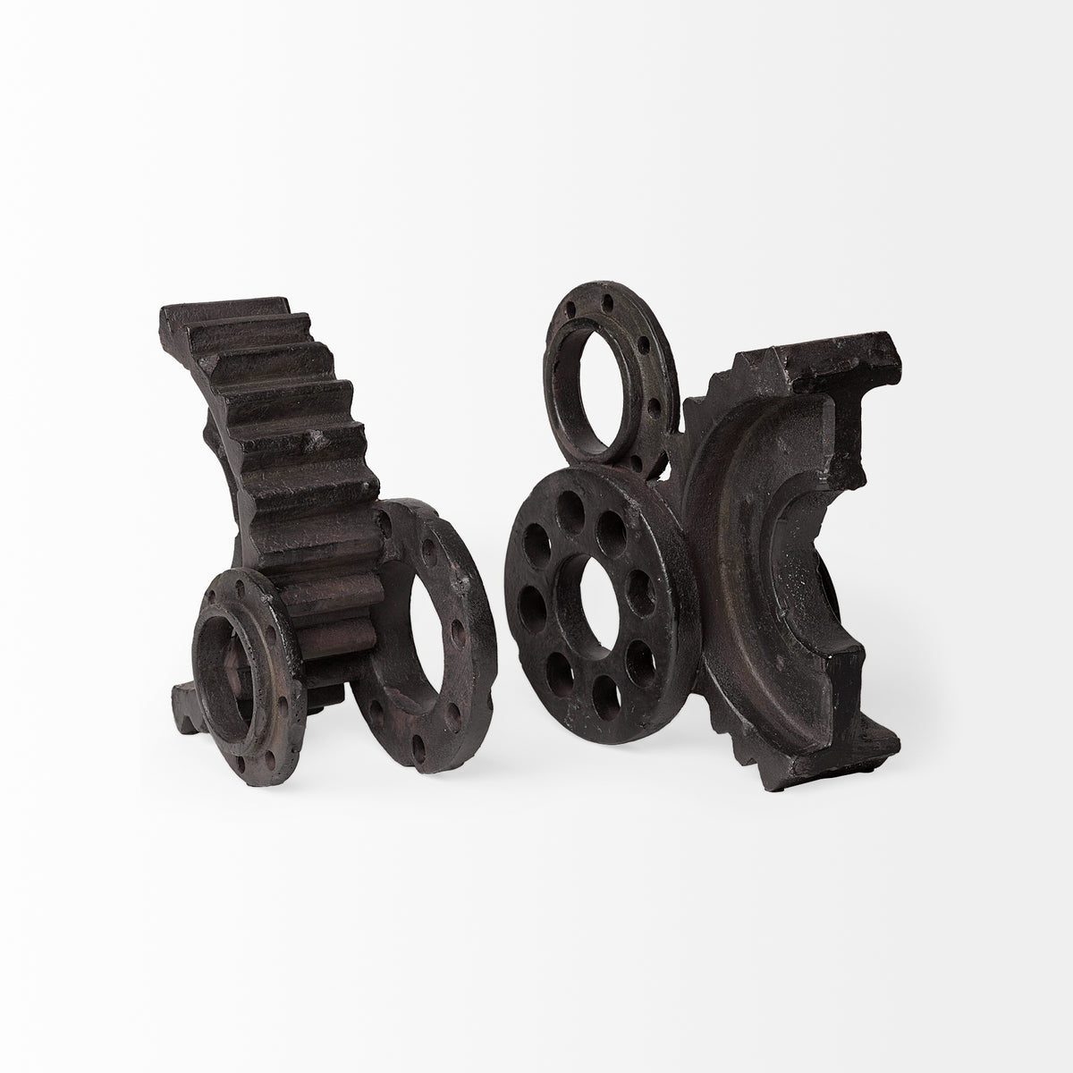 Cogsworth Set of 2 14L x 4W Brown Resin Industrial Gear Bookends-Bookends-DECOROLALA