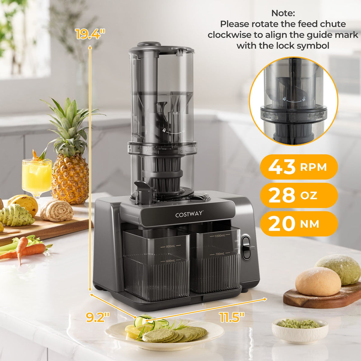 Cold Press Juicer with 5.3 Inches Feed Chute High Juice Yield and Reverse Function-Kitchen Utensils-DECOROLALA