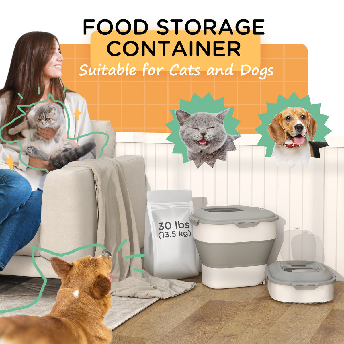 Collapsible Dog Food Storage Container - 30lb Airtight Grey-Dogs-DECOROLALA