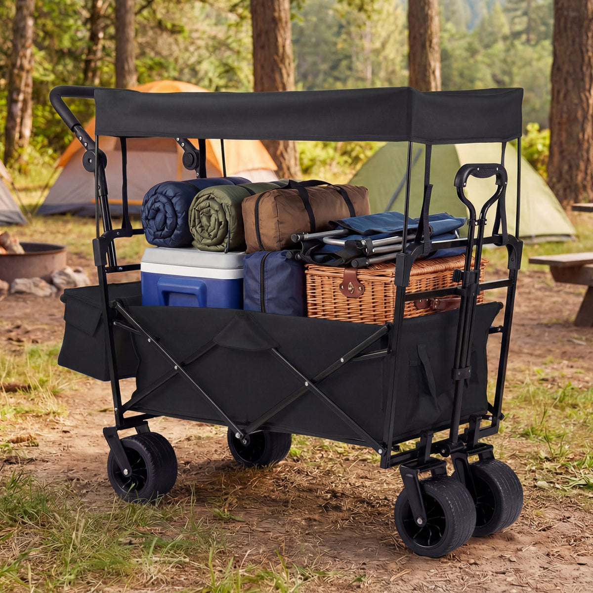 Collapsible Wagon with Removable Canopy and Adjustable Handles-Black-Camping Furniture-DECOROLALA
