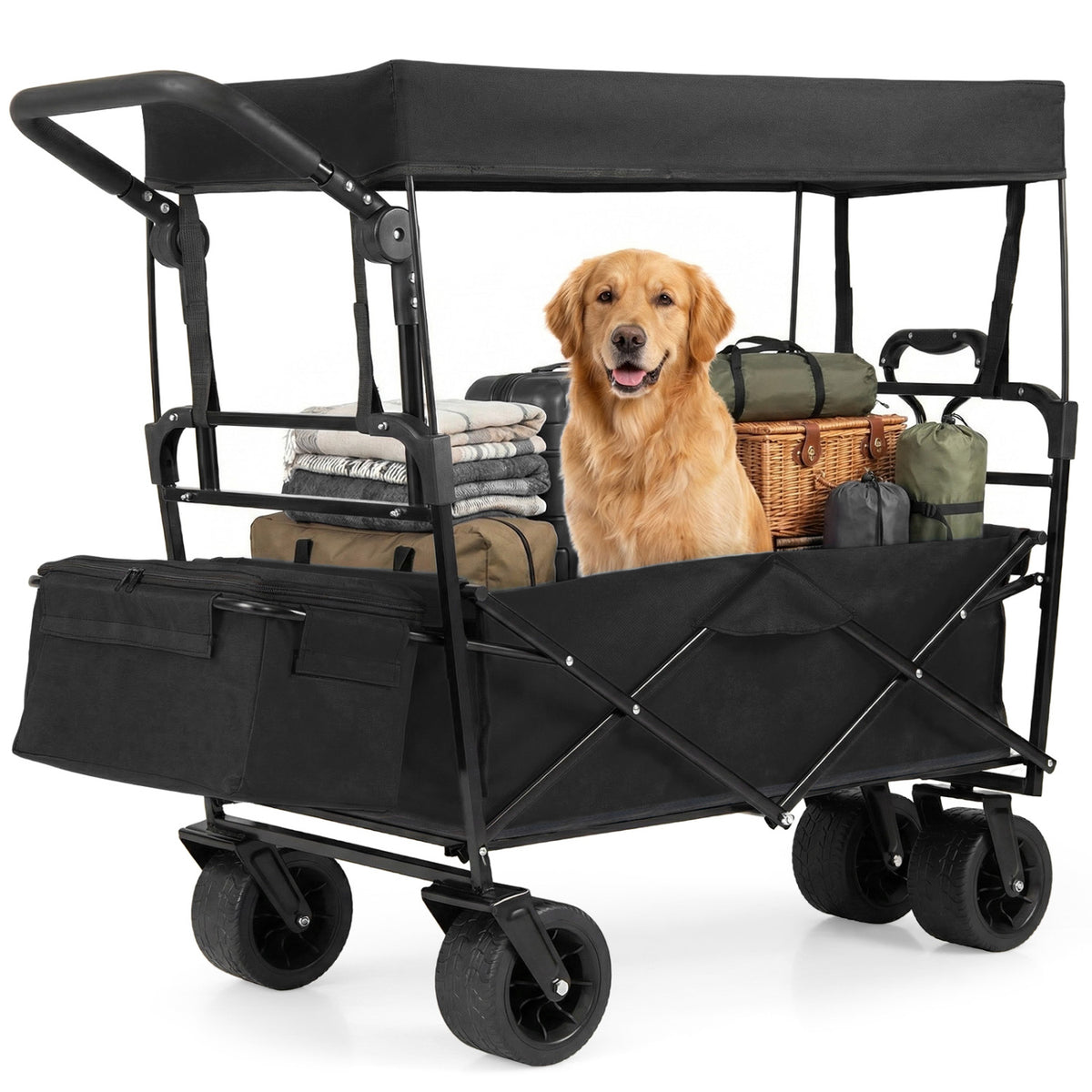 Collapsible Wagon with Removable Canopy and Adjustable Handles-Black-Camping Furniture-DECOROLALA
