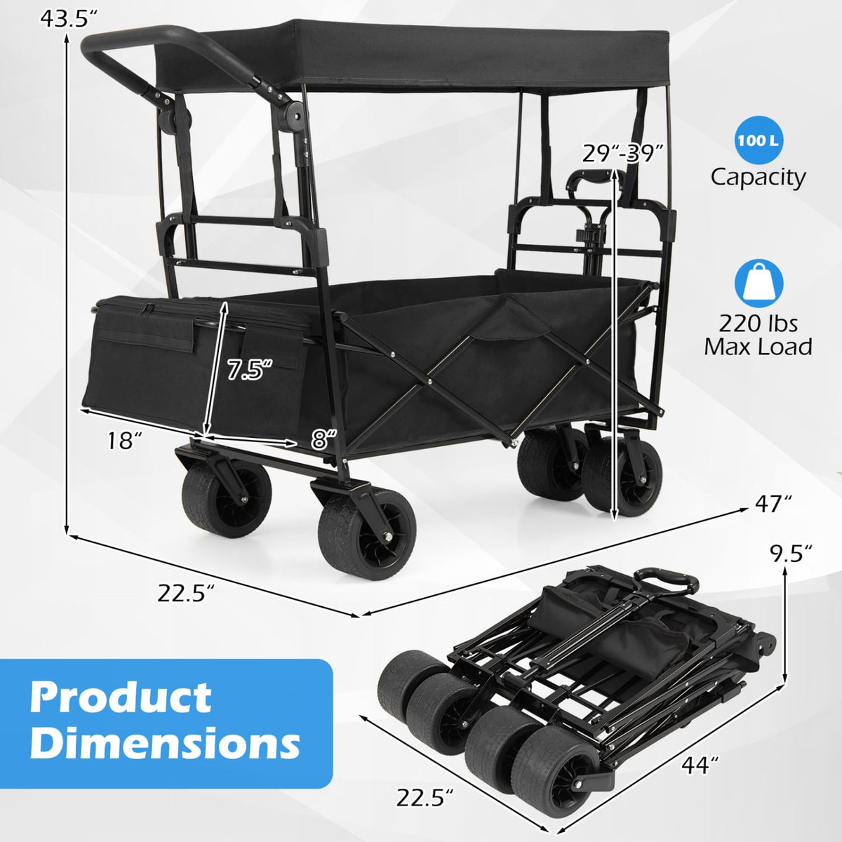 Collapsible Wagon with Removable Canopy and Adjustable Handles-Black-Camping Furniture-DECOROLALA