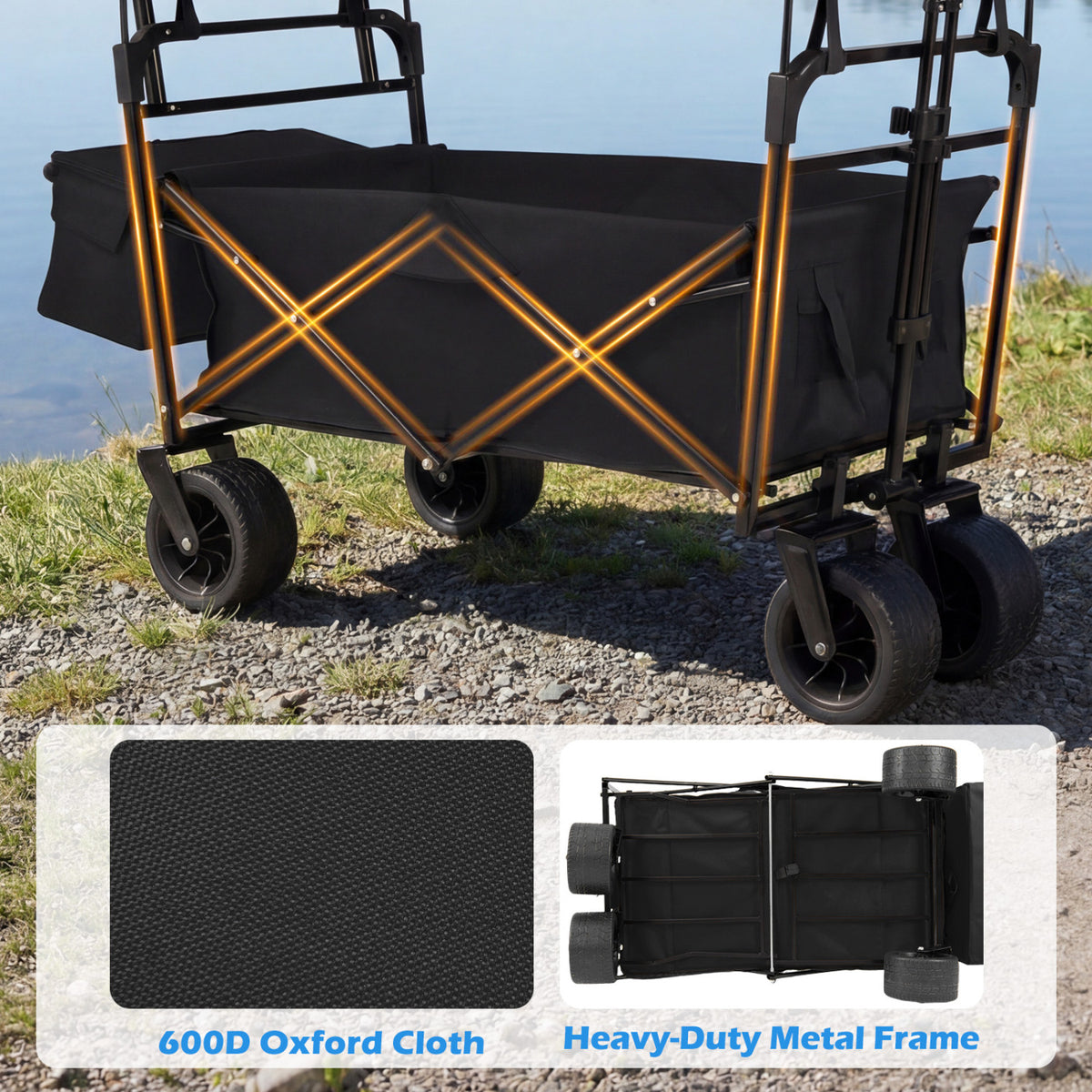 Collapsible Wagon with Removable Canopy and Adjustable Handles-Black-Camping Furniture-DECOROLALA