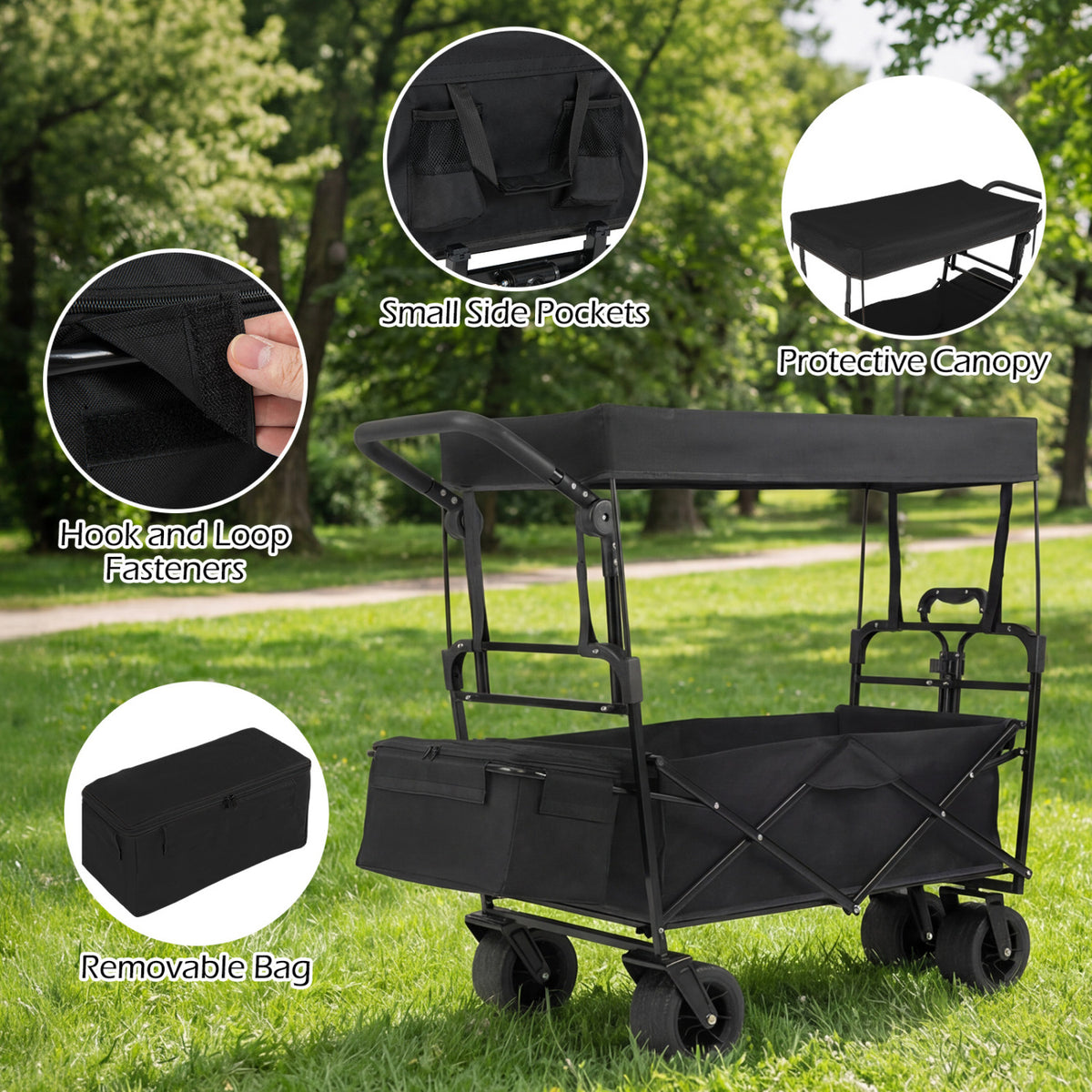 Collapsible Wagon with Removable Canopy and Adjustable Handles-Black-Camping Furniture-DECOROLALA
