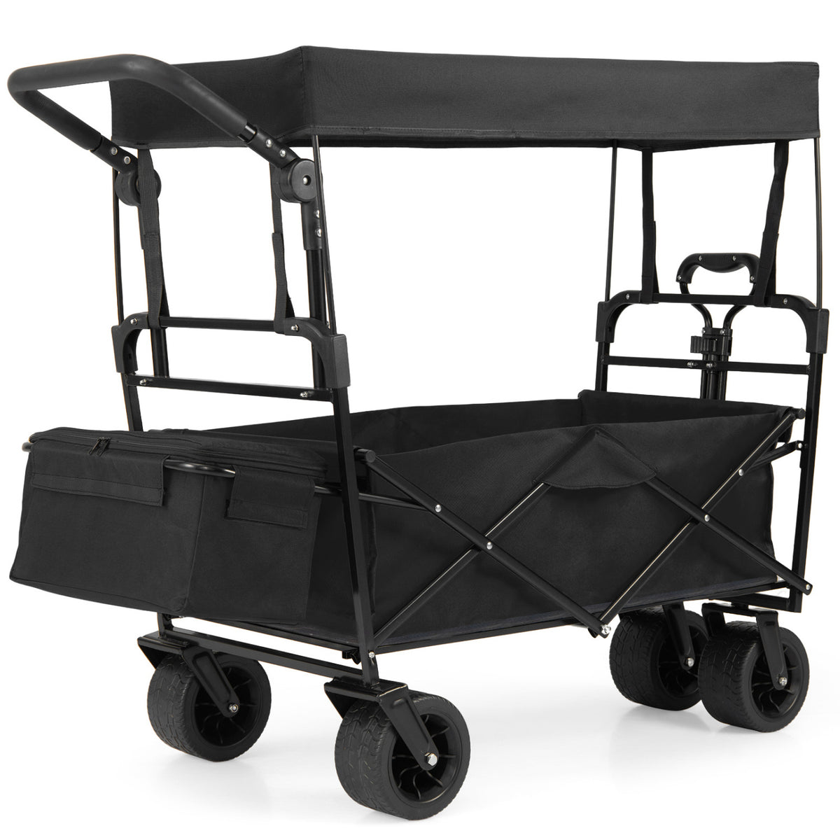 Collapsible Wagon with Removable Canopy and Adjustable Handles-Black-Camping Furniture-DECOROLALA
