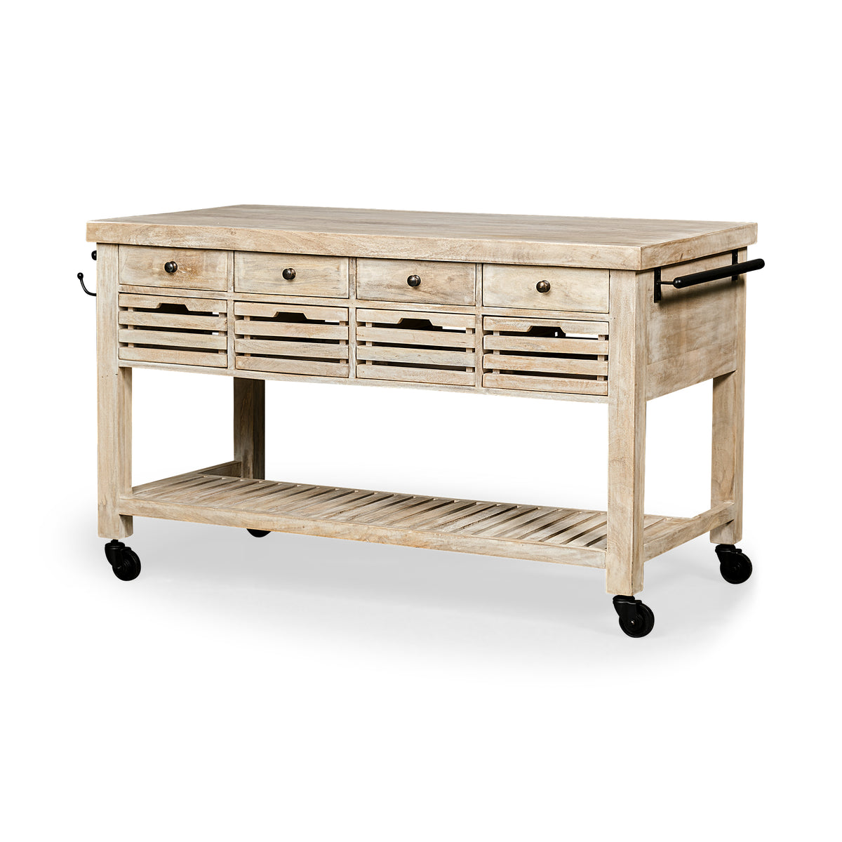 Columbia 62L x 28W x 36H I Light Brown Body w/ Black Iron Knobs Rolling Kitchen Island-Kitchen Islands-DECOROLALA