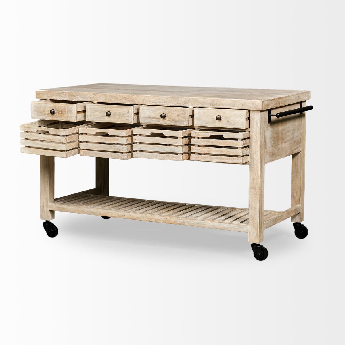 Columbia 62L x 28W x 36H I Light Brown Body w/ Black Iron Knobs Rolling Kitchen Island-Kitchen Islands-DECOROLALA