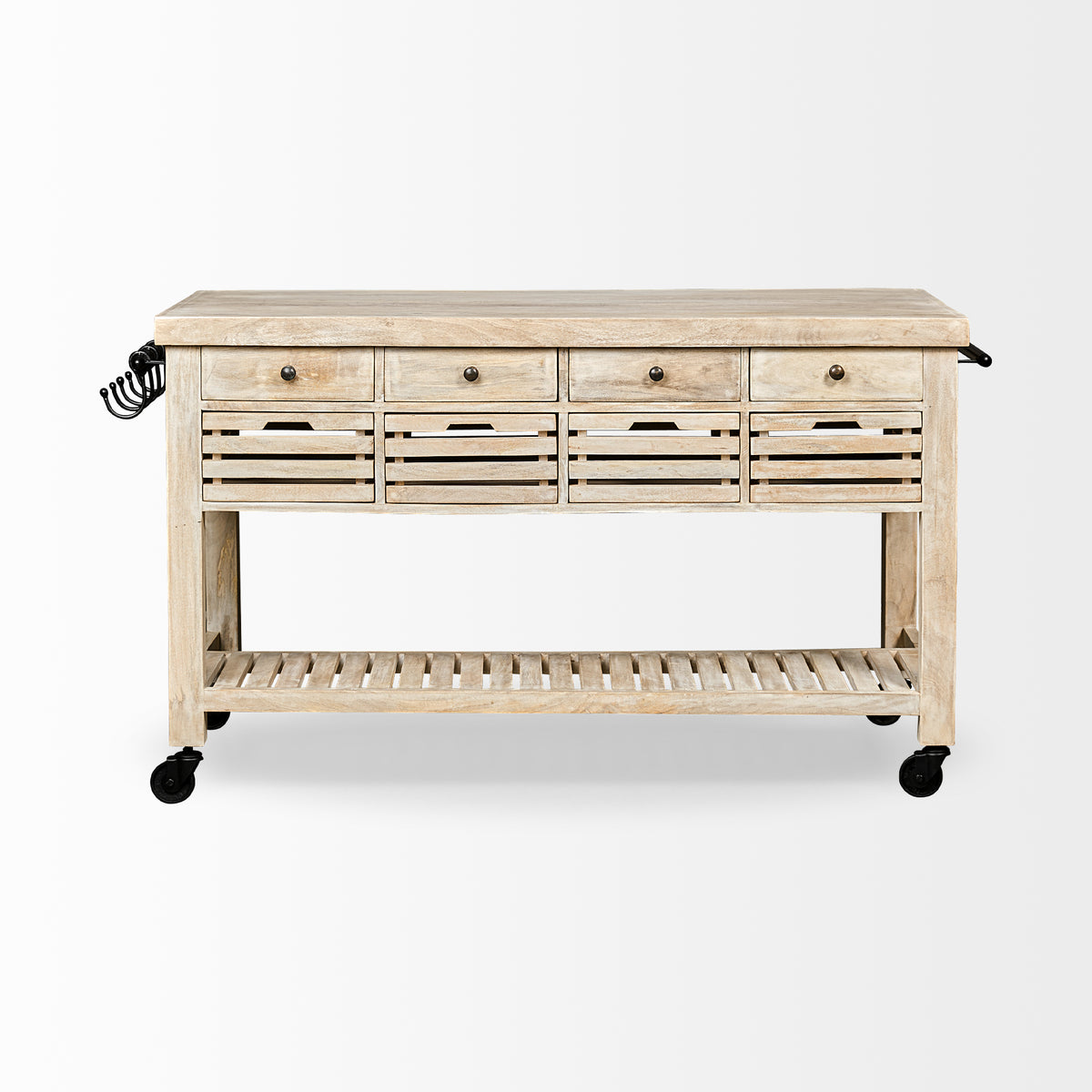 Columbia 62L x 28W x 36H I Light Brown Body w/ Black Iron Knobs Rolling Kitchen Island-Kitchen Islands-DECOROLALA