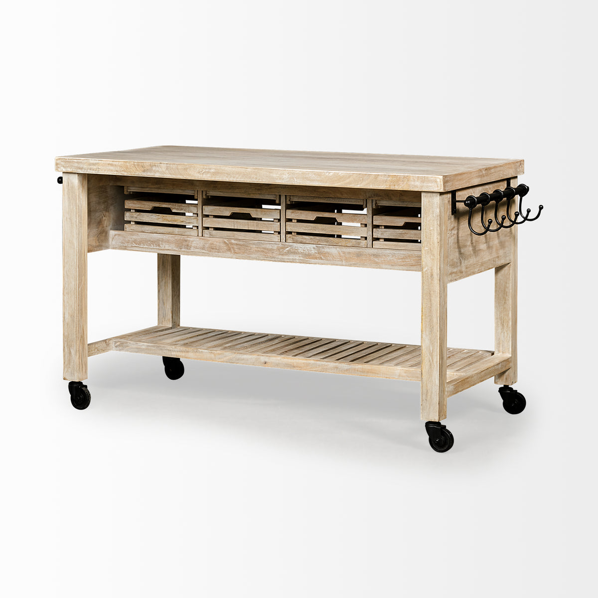 Columbia 62L x 28W x 36H I Light Brown Body w/ Black Iron Knobs Rolling Kitchen Island-Kitchen Islands-DECOROLALA
