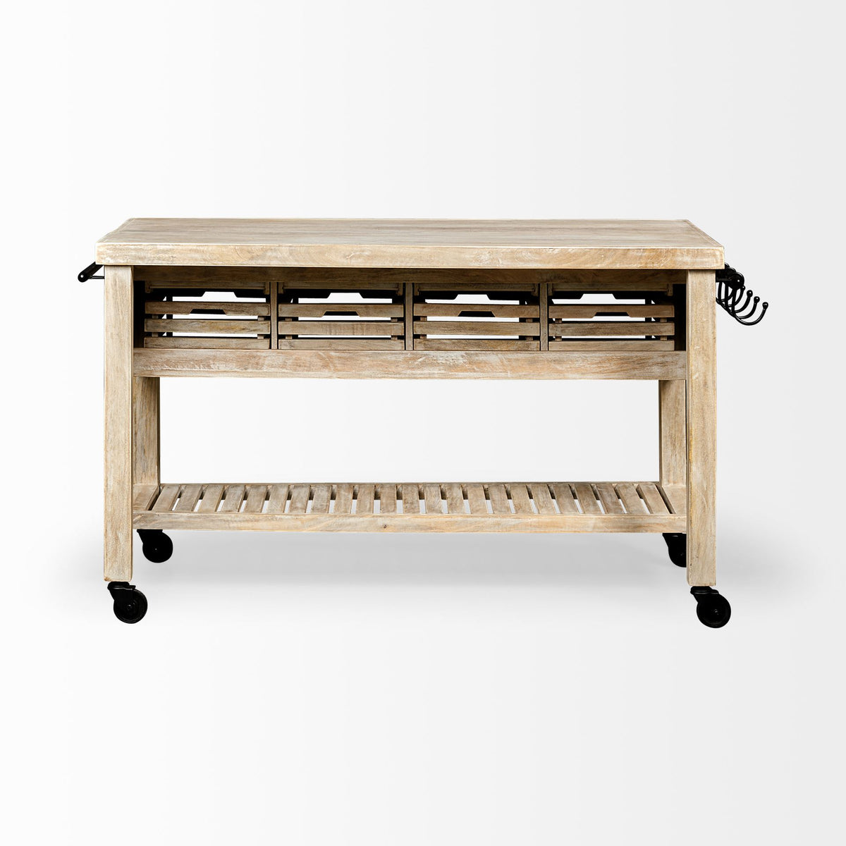 Columbia 62L x 28W x 36H I Light Brown Body w/ Black Iron Knobs Rolling Kitchen Island-Kitchen Islands-DECOROLALA