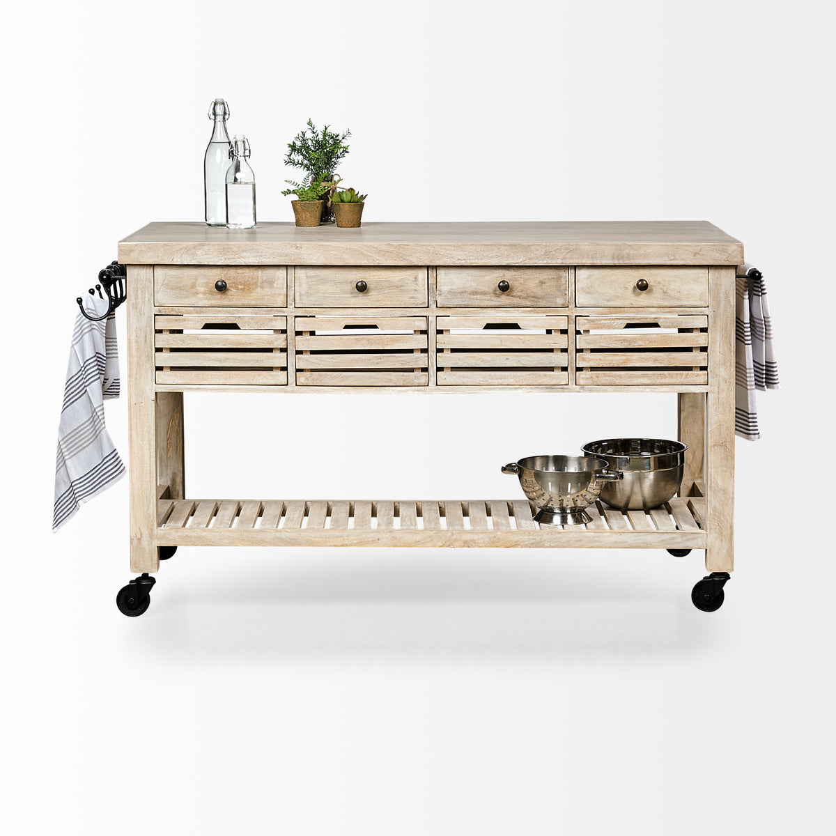Columbia 62L x 28W x 36H I Light Brown Body w/ Black Iron Knobs Rolling Kitchen Island-Kitchen Islands-DECOROLALA