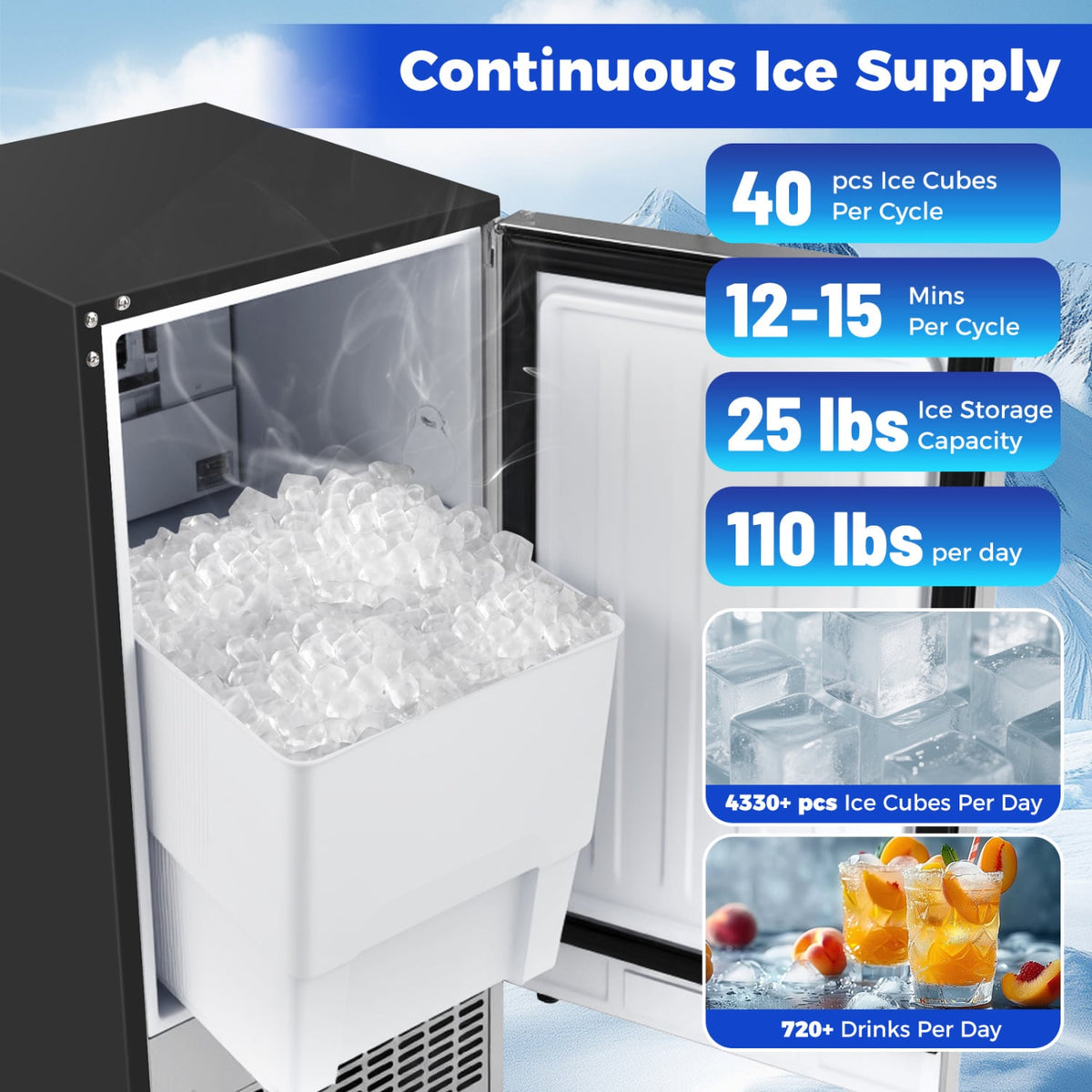 Commercial Ice Maker 110 lbs/24H Undercounter Ice Machine with 25 lbs Storage Capacity-Ice Makers-DECOROLALA