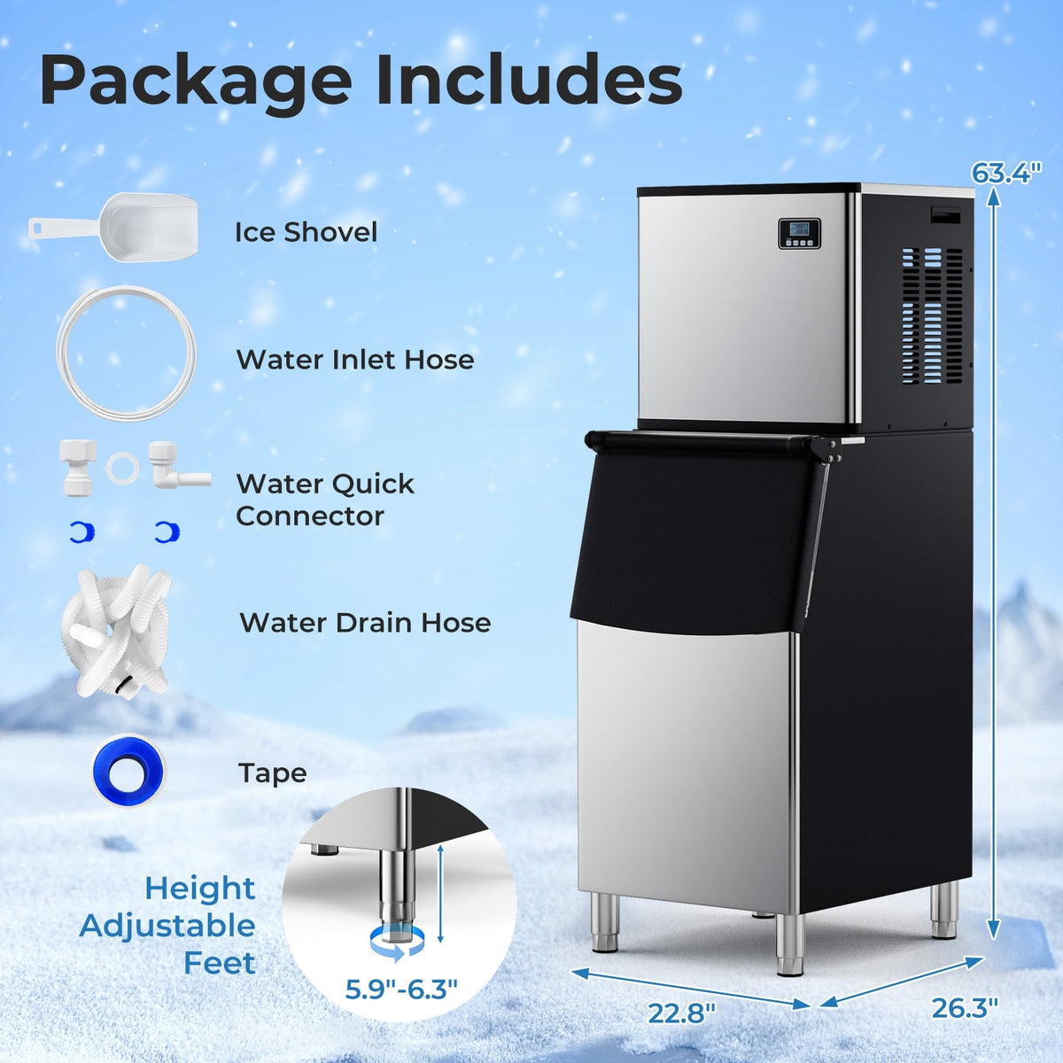Commercial Ice Maker Machine 418 LBS/24H with 200 LBS Storage Bin-Silver-Ice Makers-DECOROLALA