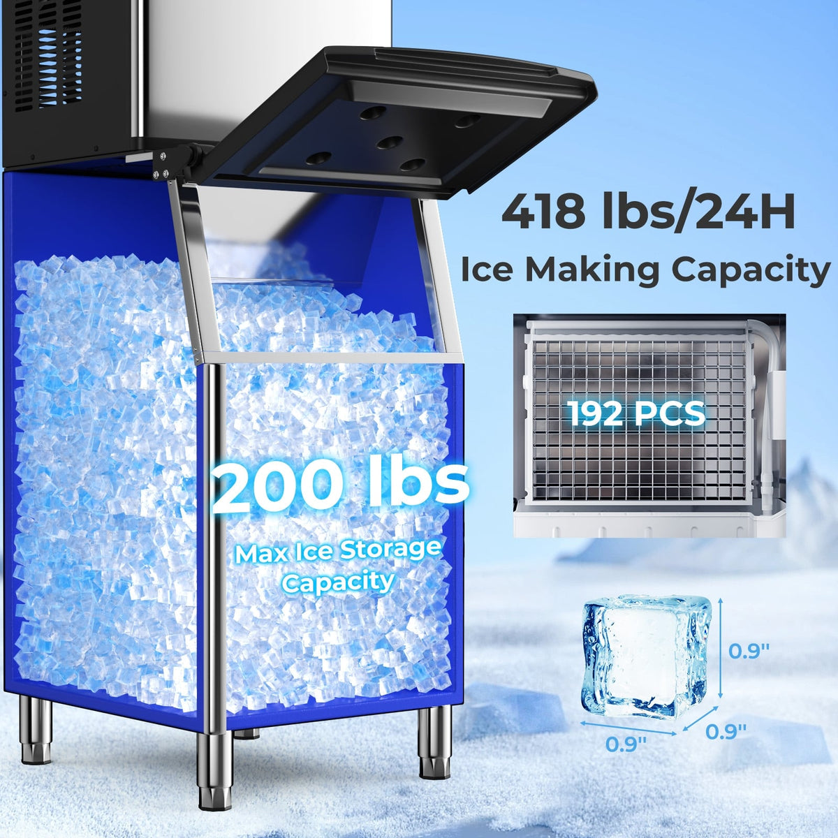 Commercial Ice Maker Machine 418 LBS/24H with 200 LBS Storage Bin-Silver-Ice Makers-DECOROLALA