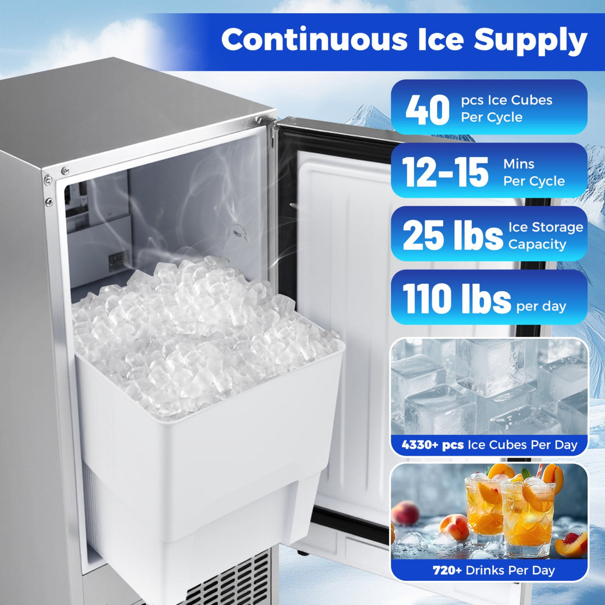 Commercial Ice Maker with 25 lbs Storage Capacity for Home Bar Cafe-Ice Makers-DECOROLALA