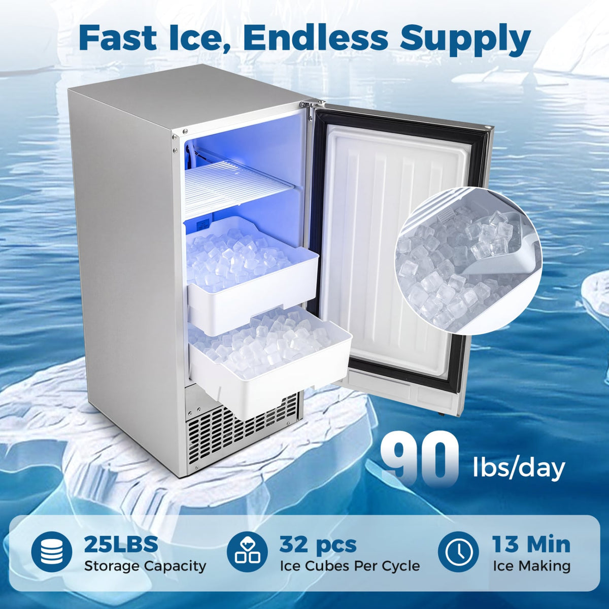 Commercial Under Counter Ice Maker 90 lbs/Day 15 Inch W Built-in-Ice Makers-DECOROLALA