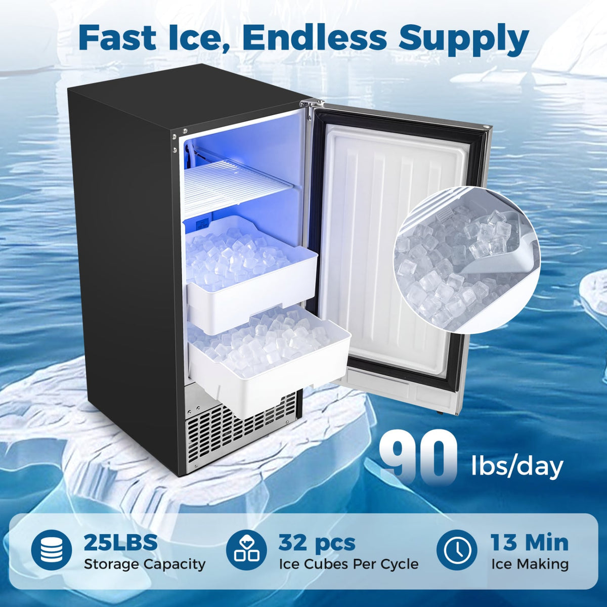 Commercial Under Counter Ice Maker 90 lbs/Day Built-in Freestanding Ice Making Machine-Ice Makers-DECOROLALA