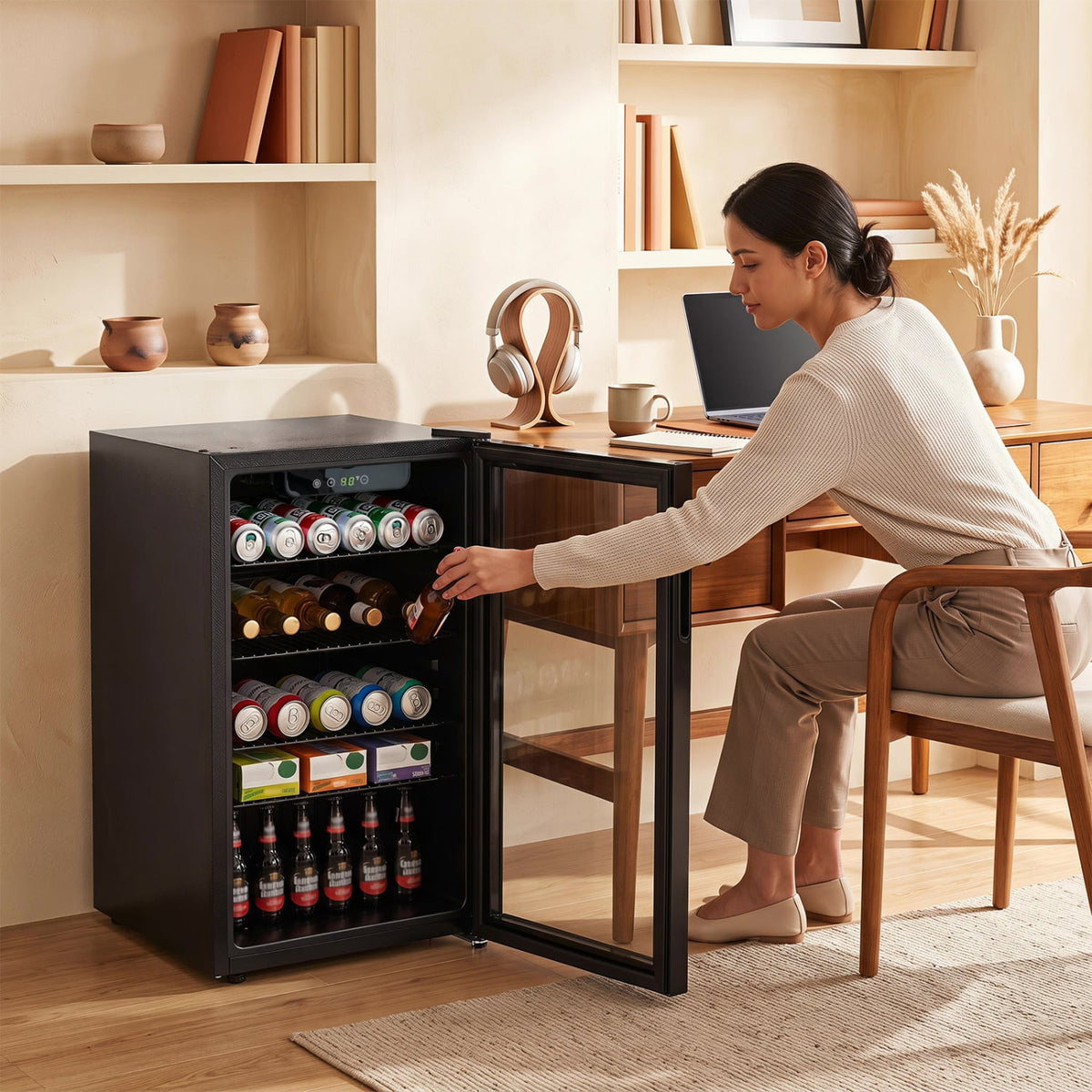 Compact Beverage Refrigerator with Glass Door and 4 Adjustable Shelves-Wine & Beverage Coolers-DECOROLALA
