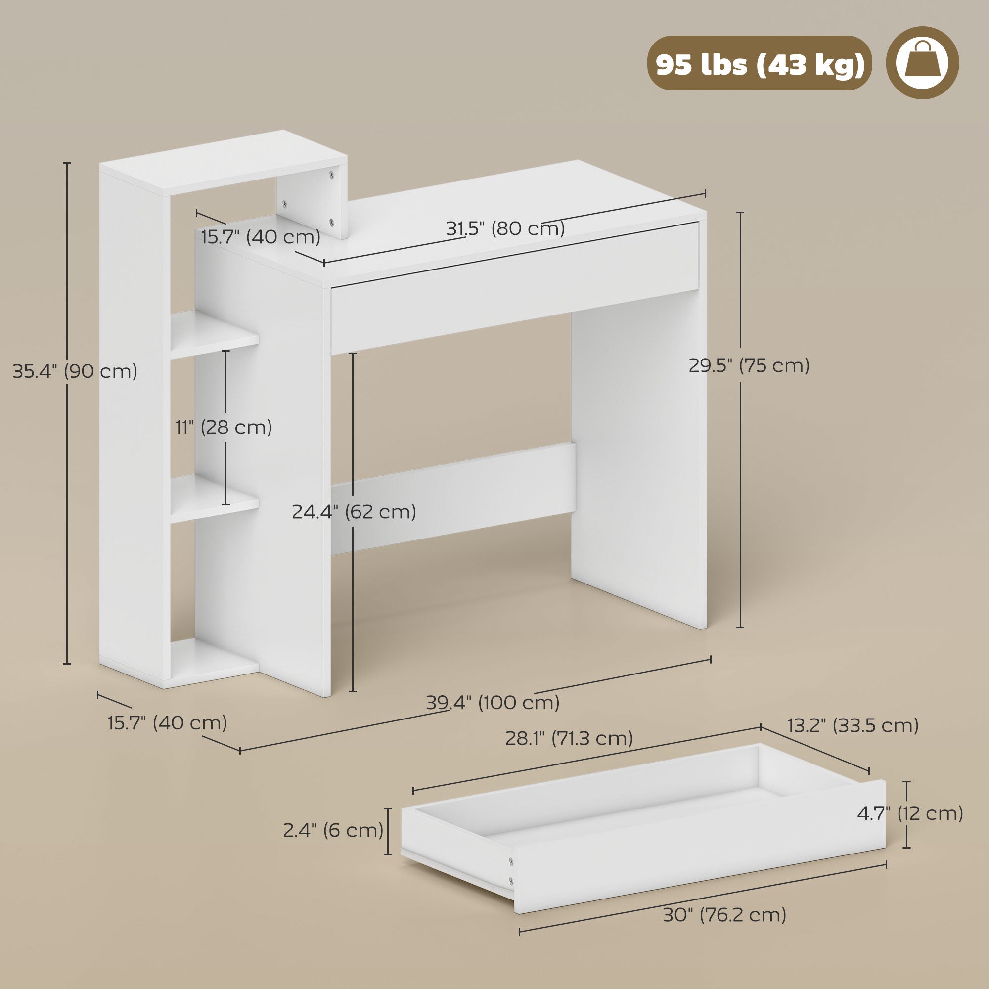 Compact Computer Desk with 3 Shelves and Drawer - White-Office Products > Office Furniture > Office Desks & Work Stations > Writing Desks-DECOROLALA