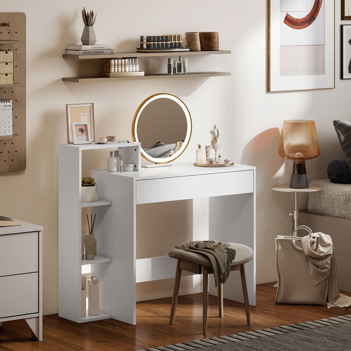 Compact Computer Desk with 3 Shelves and Drawer - White-Office Products > Office Furniture > Office Desks & Work Stations > Writing Desks-DECOROLALA