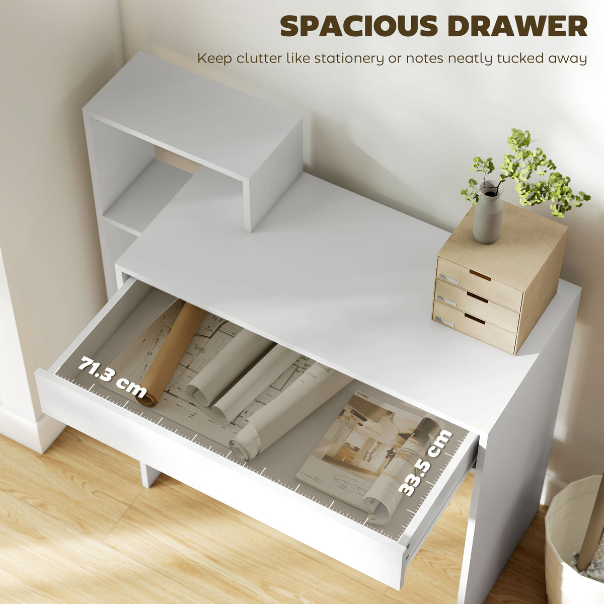 Compact Computer Desk with 3 Shelves and Drawer - White-Office Products > Office Furniture > Office Desks & Work Stations > Writing Desks-DECOROLALA