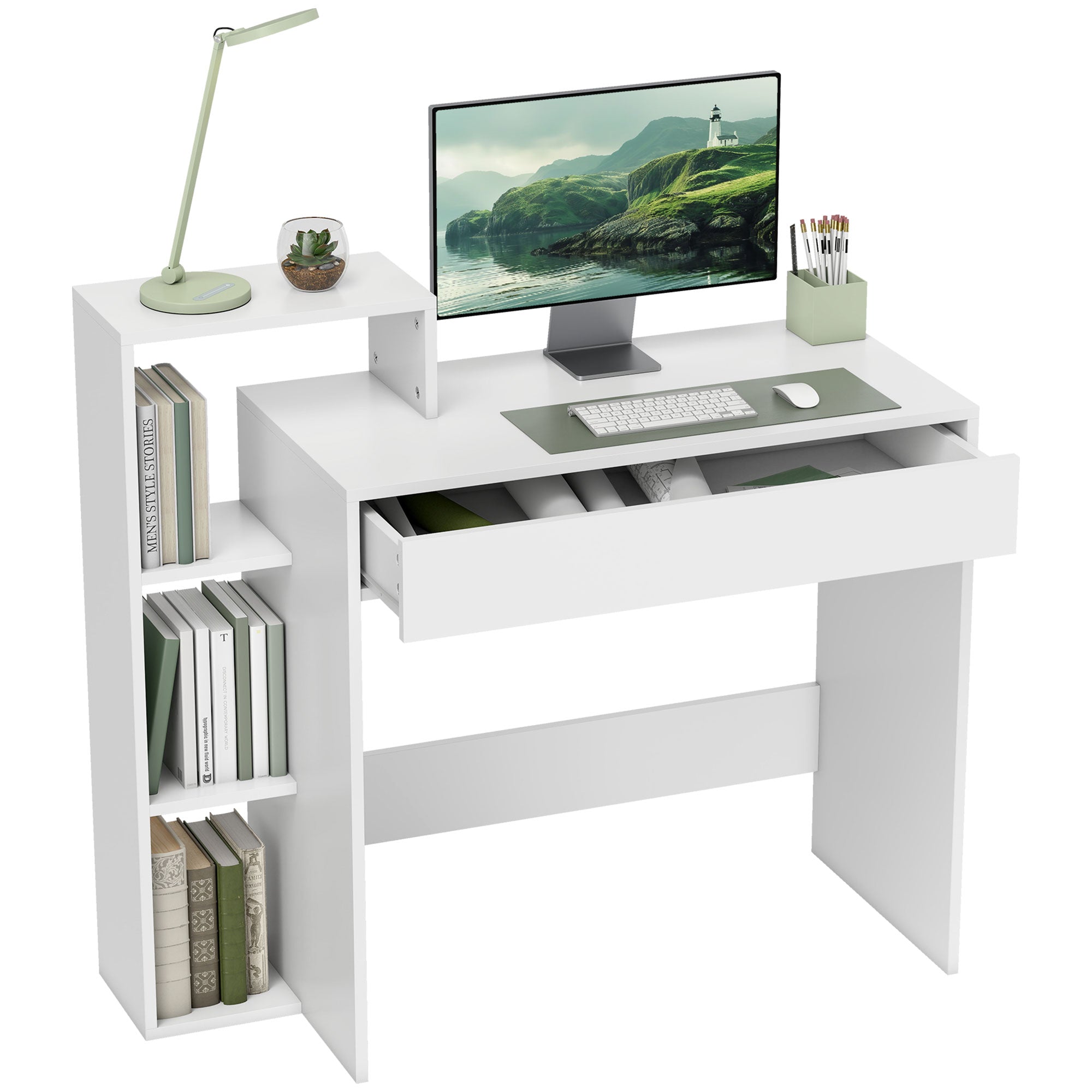 Compact Computer Desk with 3 Shelves and Drawer - White-Office Products > Office Furniture > Office Desks & Work Stations > Writing Desks-DECOROLALA