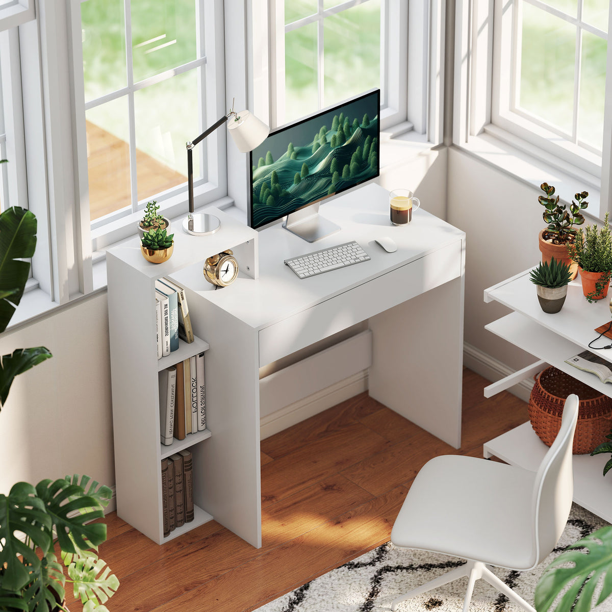 Compact Computer Desk with 3 Shelves and Drawer - White-Office Products > Office Furniture > Office Desks & Work Stations > Writing Desks-DECOROLALA