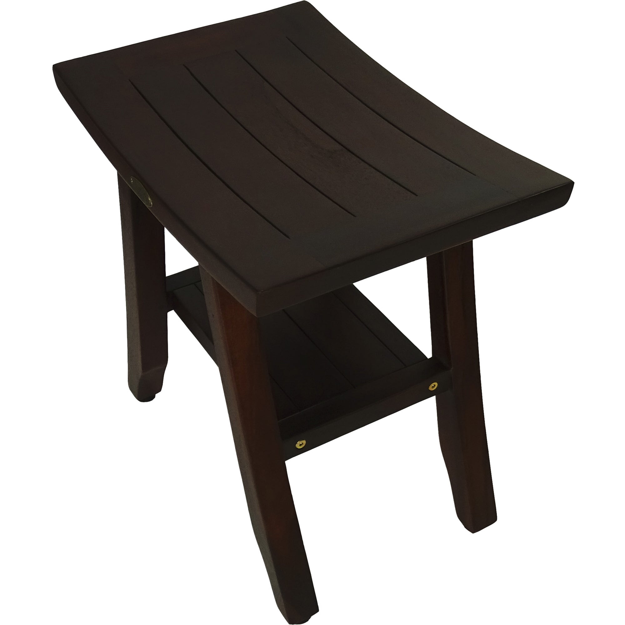 Compact Curvilinear Teak Shower Or Outdoor Bench With Shelf In Brown Finish-Shower Benches-DECOROLALA