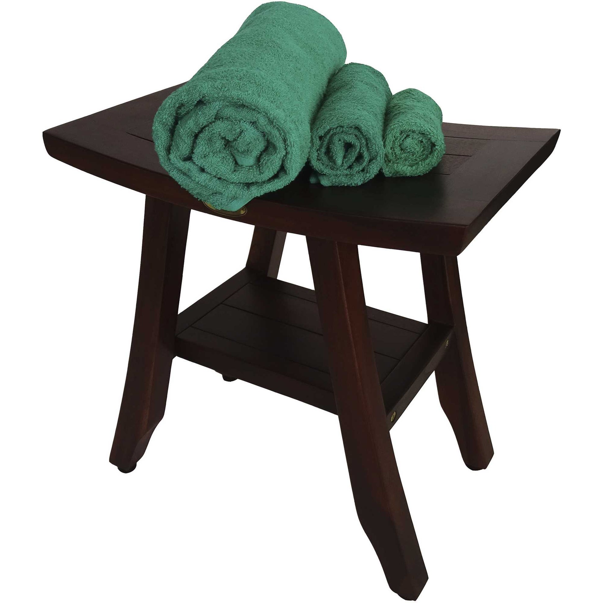 Compact Curvilinear Teak Shower Or Outdoor Bench With Shelf In Brown Finish-Shower Benches-DECOROLALA