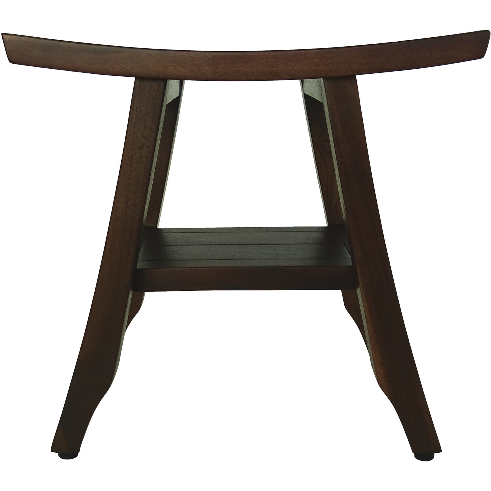 Compact Curvilinear Teak Shower Or Outdoor Bench With Shelf In Brown Finish-Shower Benches-DECOROLALA