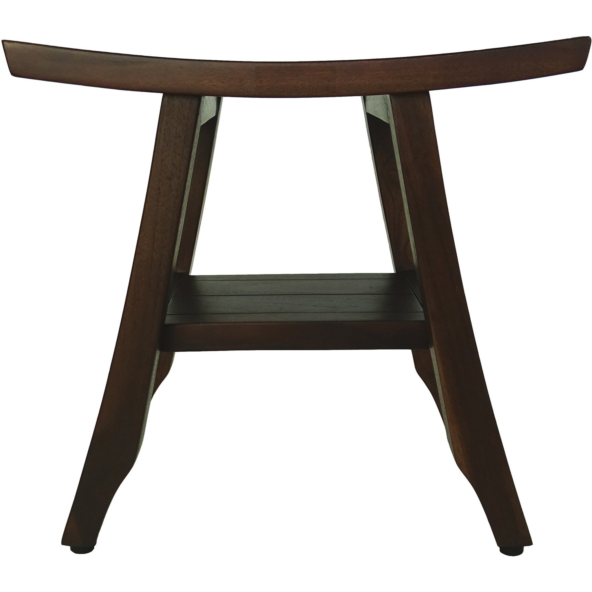 Compact Curvilinear Teak Shower Or Outdoor Bench With Shelf In Brown Finish-Shower Benches-DECOROLALA