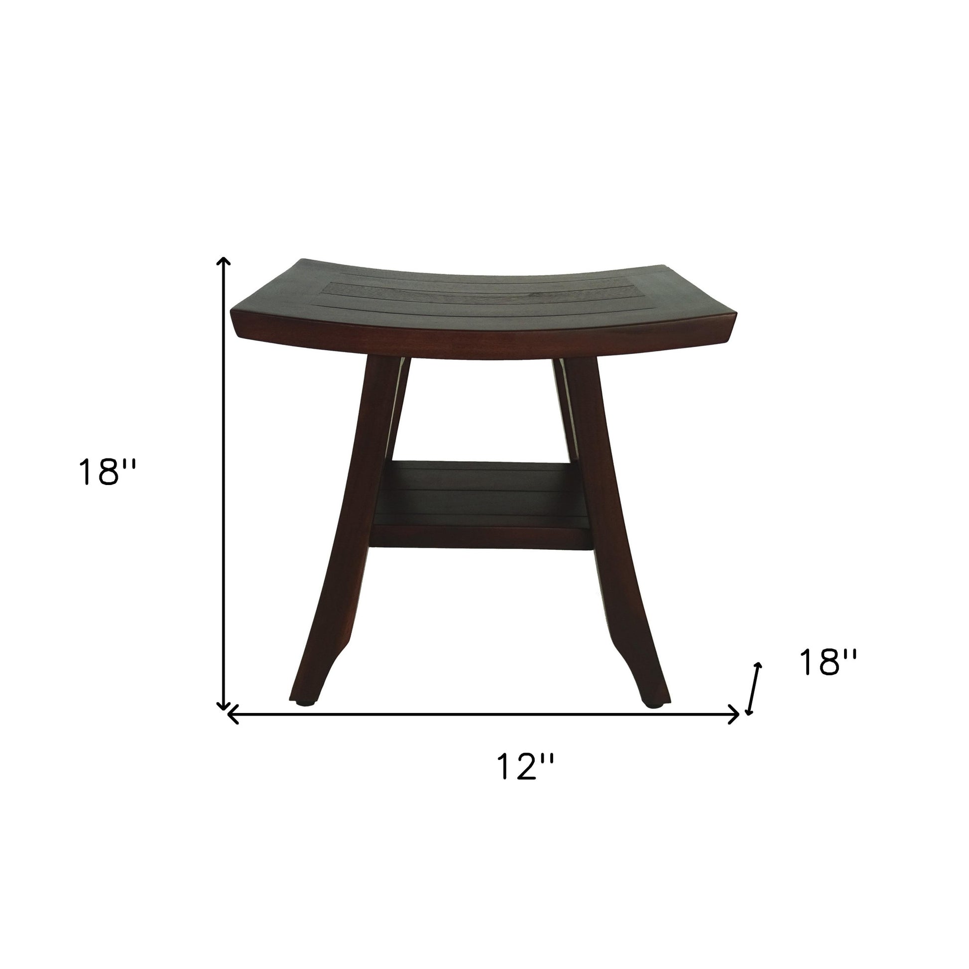 Compact Curvilinear Teak Shower Or Outdoor Bench With Shelf In Brown Finish-Shower Benches-DECOROLALA