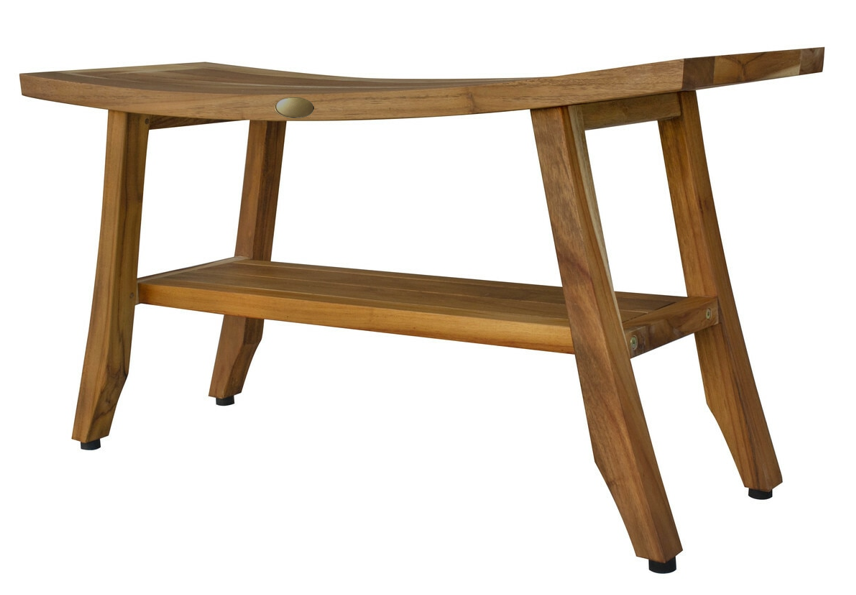 Compact Curvilinear Teak Shower Outdoor Bench With Shelf In Natural Finish-Shower Benches-DECOROLALA