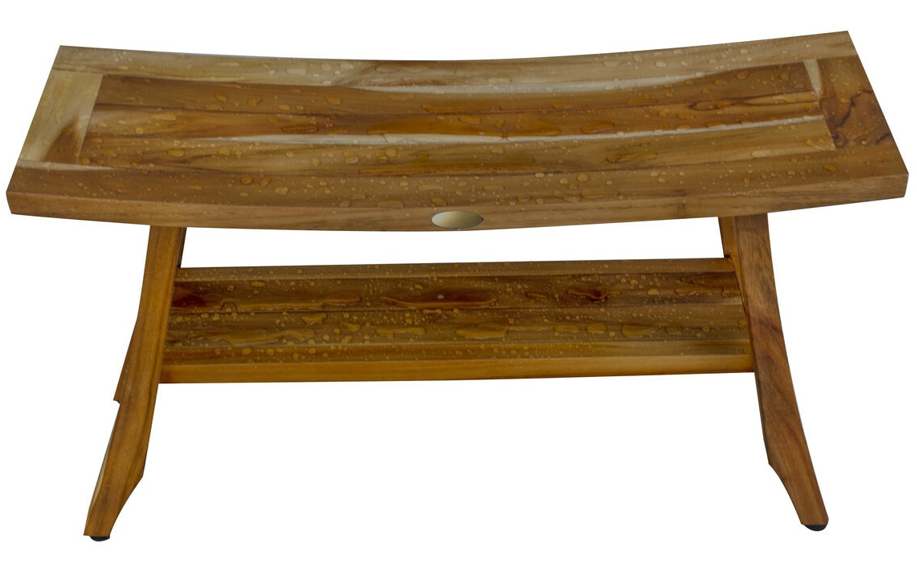 Compact Curvilinear Teak Shower Outdoor Bench With Shelf In Natural Finish-Shower Benches-DECOROLALA