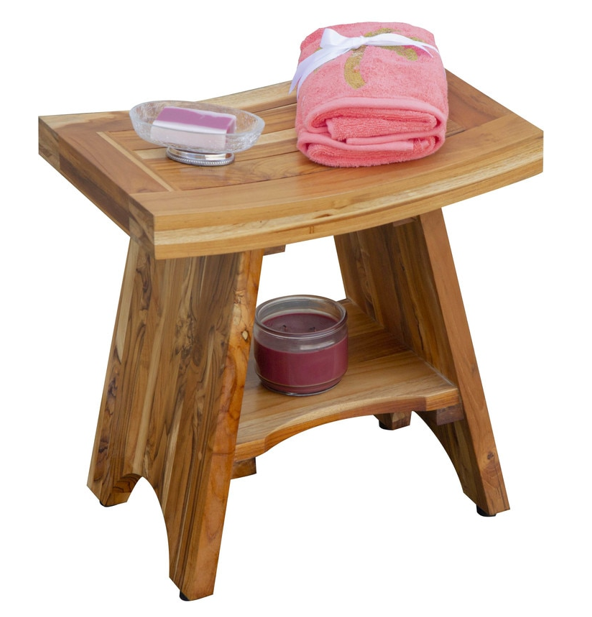 Compact Curvilinear Teak Shower Outdoor Bench With Shelf In Natural Finish-Shower Benches-DECOROLALA