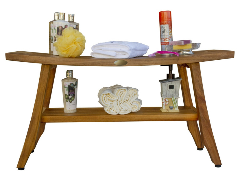 Compact Curvilinear Teak Shower Outdoor Bench With Shelf In Natural Finish-Shower Benches-DECOROLALA