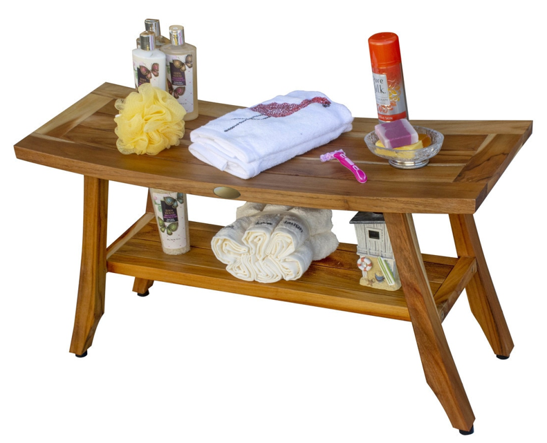 Compact Curvilinear Teak Shower Outdoor Bench With Shelf In Natural Finish-Shower Benches-DECOROLALA
